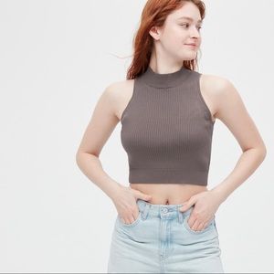 Uniqlo Ribbed Mock Neck Sleeveless Cropped Top Small Brown